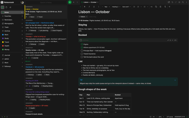 Screenshot of Notesnook web app showing a list of notes with 1 note open.